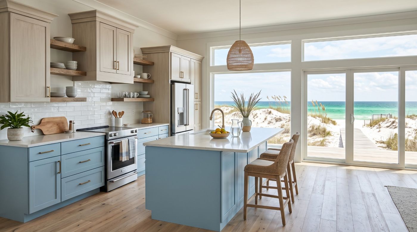Beach house kitchen with driftwood beige upper cabinets, dusty coastal blue lower cabinets and island, brass pulls, and a view of the Gulf through sliding doors.