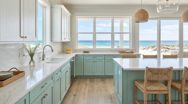 Beach house kitchen with crisp white upper cabinets, seafoam green lower cabinets and island, white quartz counters, and windows facing the dunes and Gulf.